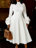 New plus size elegant midi a-line dress - mock neck, long sleeves, 3d floral sleeves, chic dress