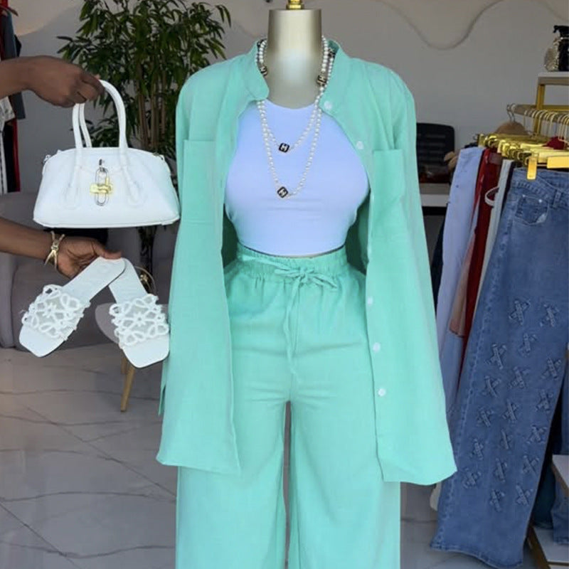 European and american cross-border women's spring  new collection: casual turn-down collar solid color loose fit long sleeve shirt and tie-waist pants set