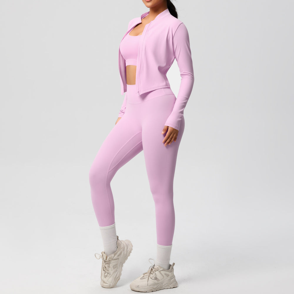 fashionpure color double-sided brushed tight sports yoga clothes three-piece set running fitness yoga clothes suit for women
