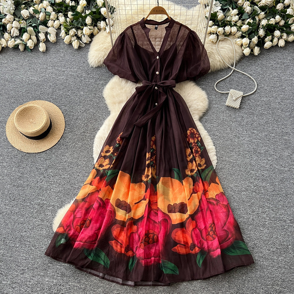 French riviera style v-neck puff sleeve floral print dress - women's summer midi dress with cinched waist and flared skirt