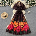 French riviera style v-neck puff sleeve floral print dress - women's summer midi dress with cinched waist and flared skirt