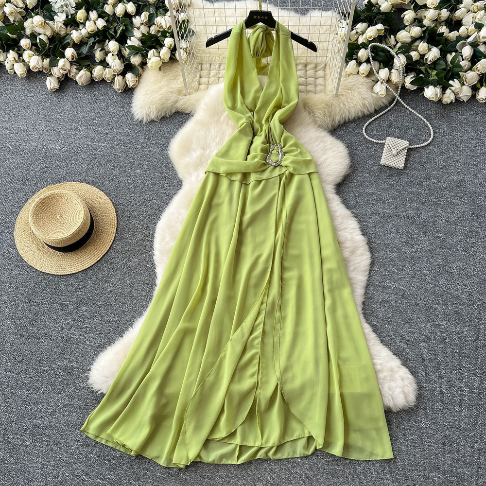 2025 summer new french style sleeveless halter neck tie backless dress women's pleated waist slit maxi dress