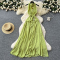 2025 summer new french style sleeveless halter neck tie backless dress women's pleated waist slit maxi dress
