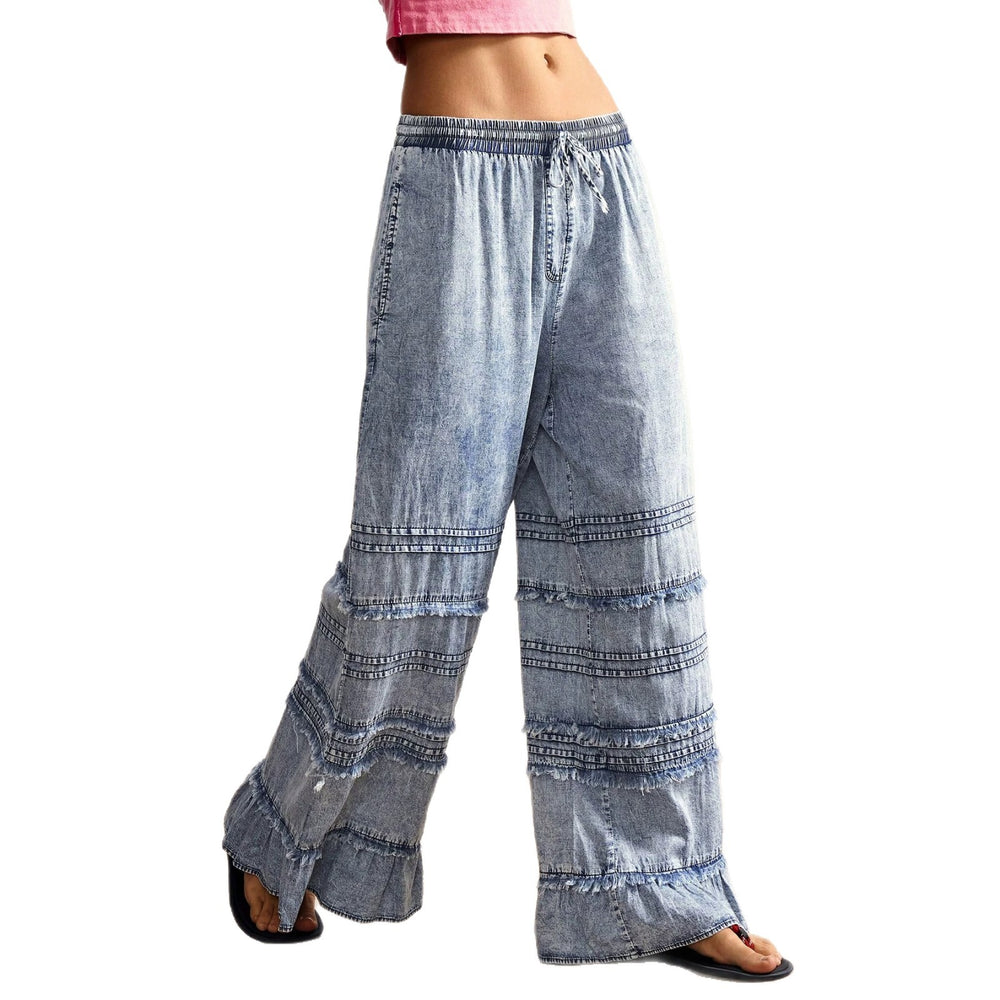Fashionjeans women's elastic drawstring waist hair patchwork lotus leaf loose pants washed thin casual denim pants