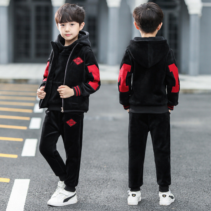Boys' fleece-lined thickened autumn/winter outfit,  new style, mid-to-large children's clothing, boys' hoodie three-piece set, trendy style