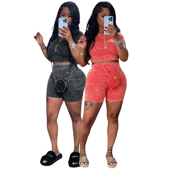 HR24025 European and American fashion women's clothing, skin-friendly cotton fabric, washed water, fried flowers and old high waist two-piece set