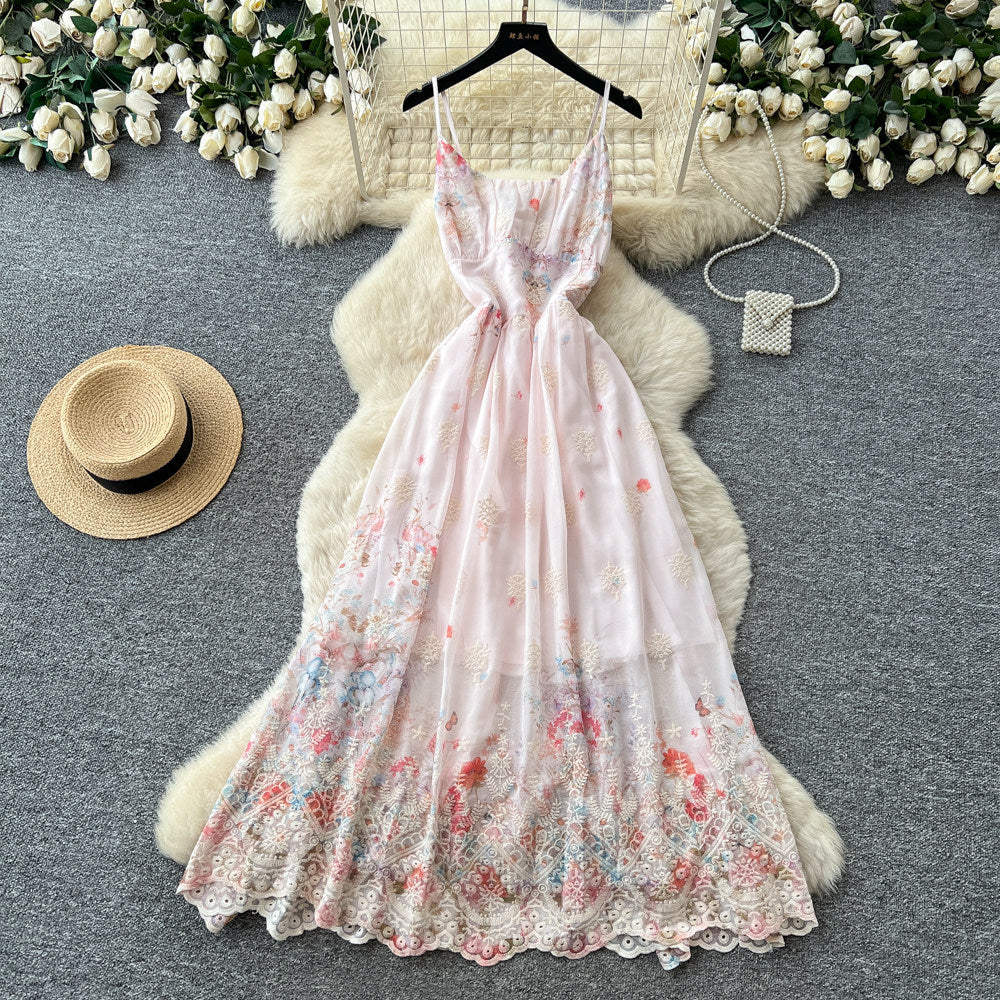 Vacation-style printed cami dress - romantic floral embroidery, korean high-waisted slimming maxi dress for women's summer