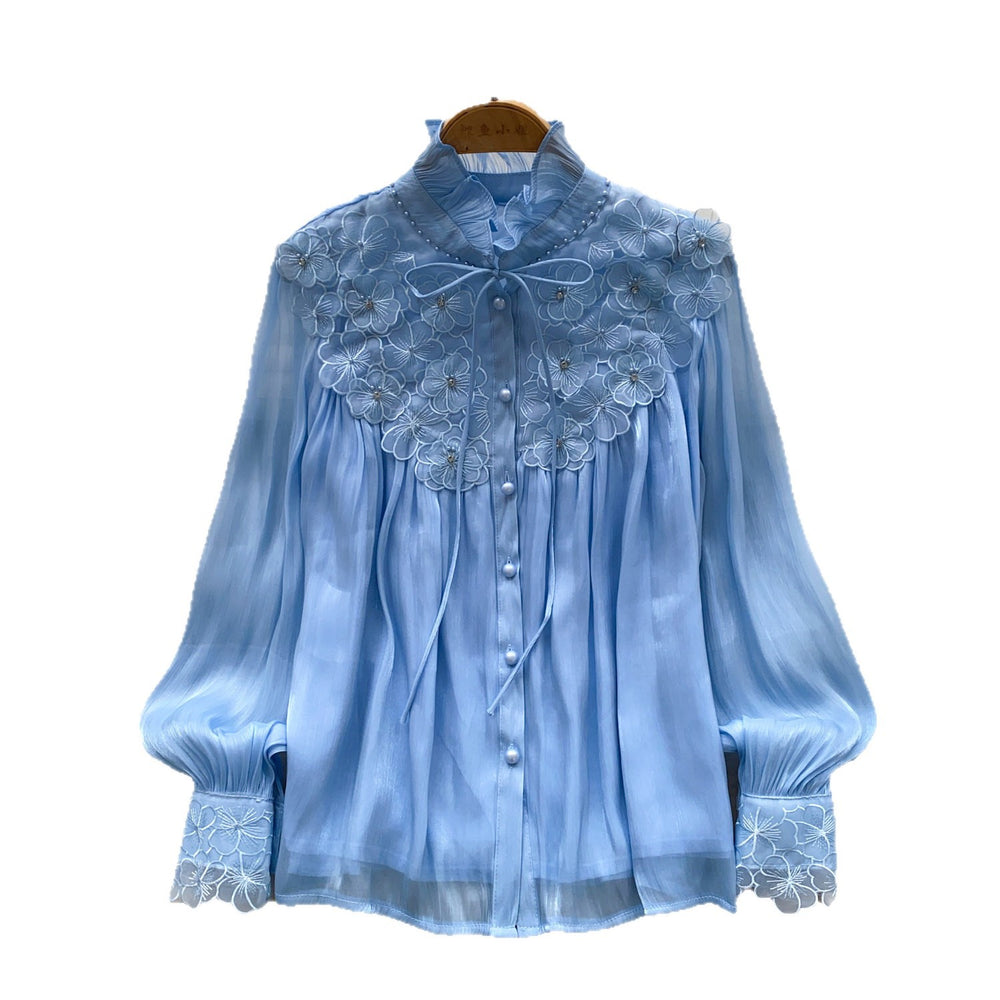 French chic pink bow ruffle hem blouse - women's long sleeve, age-defying, stylish, and high-end top - autumn  collection