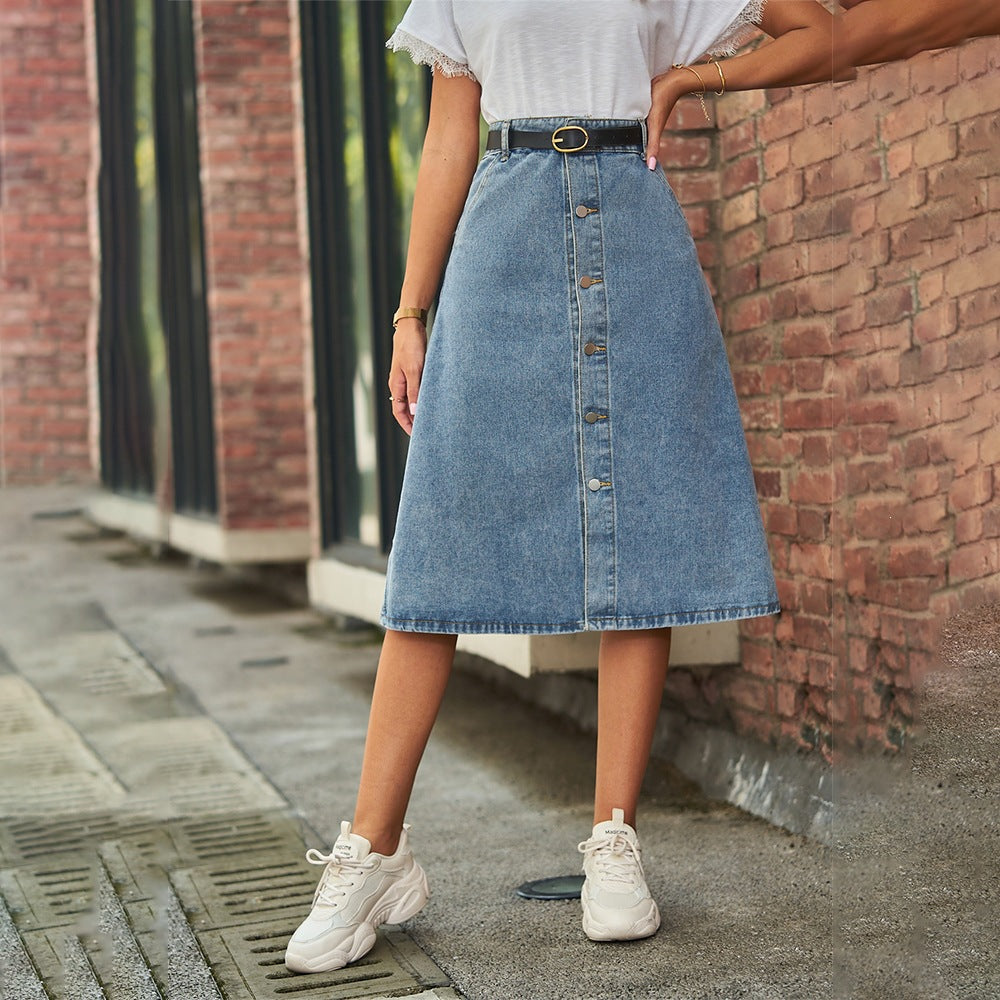 Fashion cross-border foreign trade   new arrivaleasiest for matchslimming look washed denim single-breasted skirt skirt for women