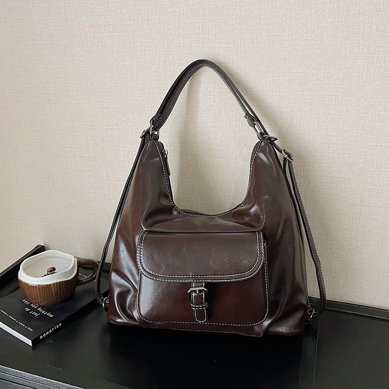 retro work clothing soft leather women's bag classy large capacity shoulder bag maillard style multifunctional backpack women