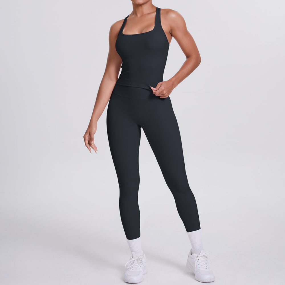 fashion double-sided brushed pure color tight i-shaped back sports suit running fitness yoga clothes two-piece set