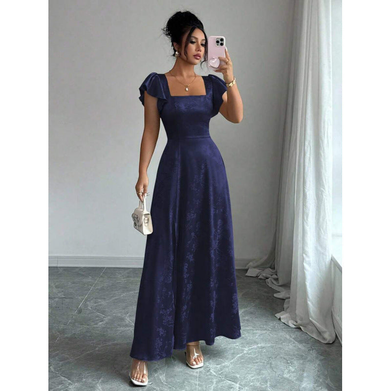 fashionsummernew arrival square collar ruffle sleeves waist slimming lookelegance jacquard slit dress for women
