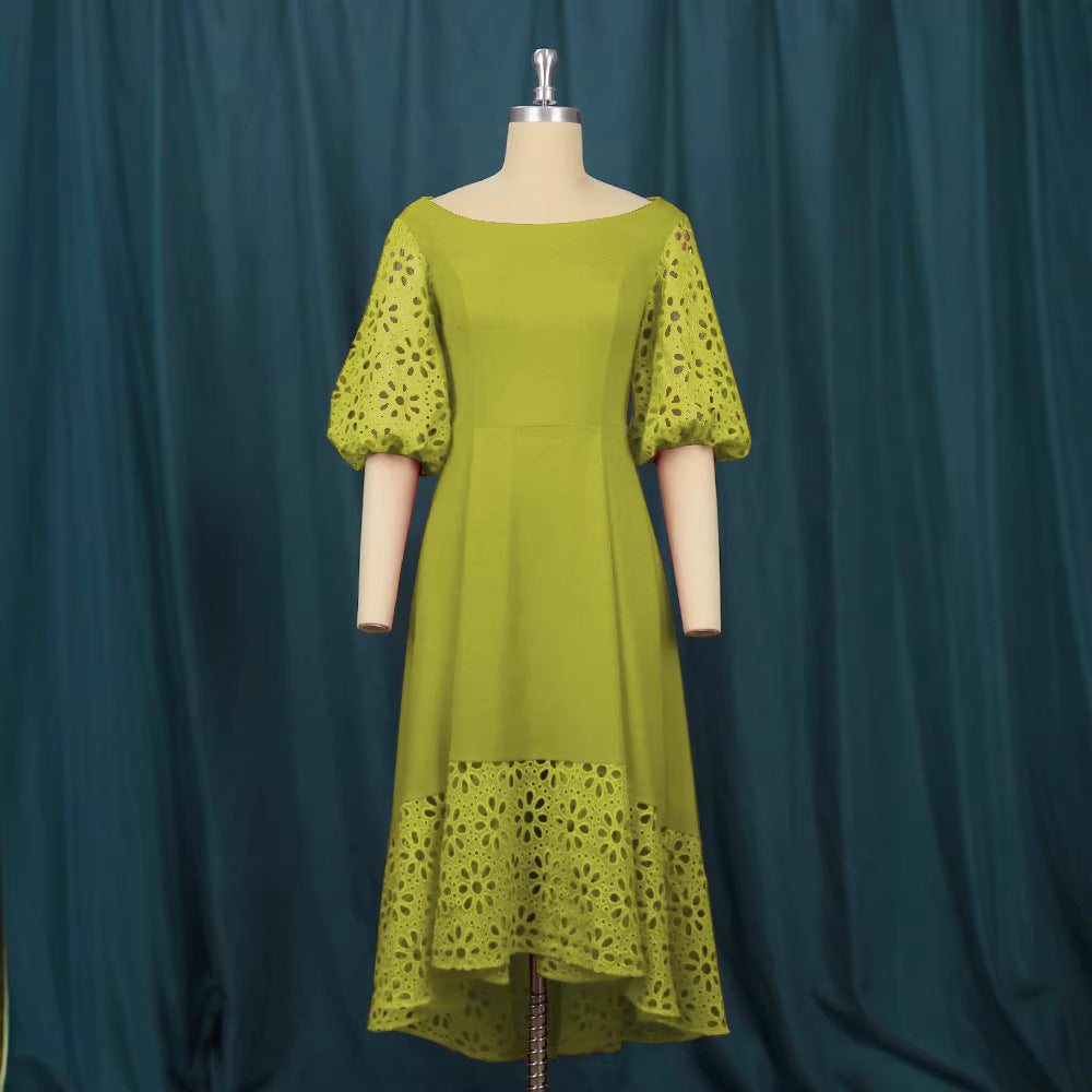 African-inspired elegant cutout bubble sleeve dress - off-the-shoulder, slimming a-line party dress with asymmetrical hem
