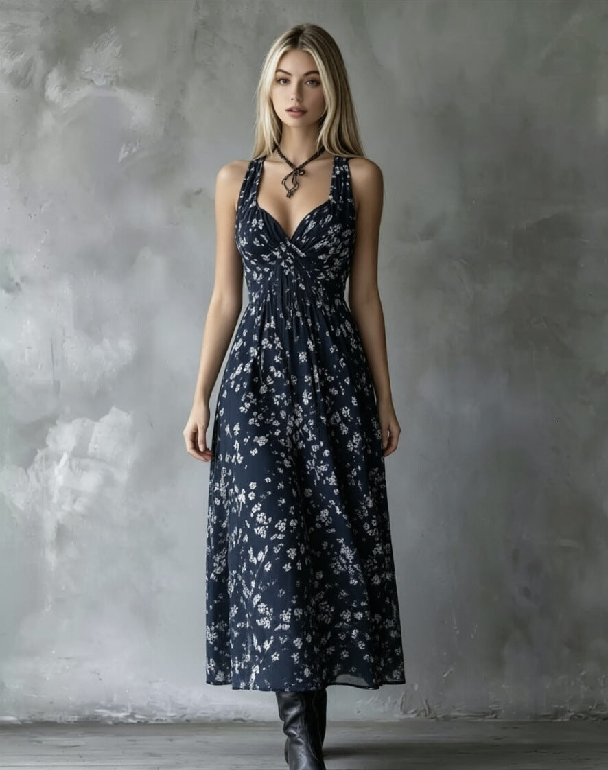 european and american halter floral dress -  bestseller, v-neck, slim fit, vacation style midi dress - cross-border e-commerce