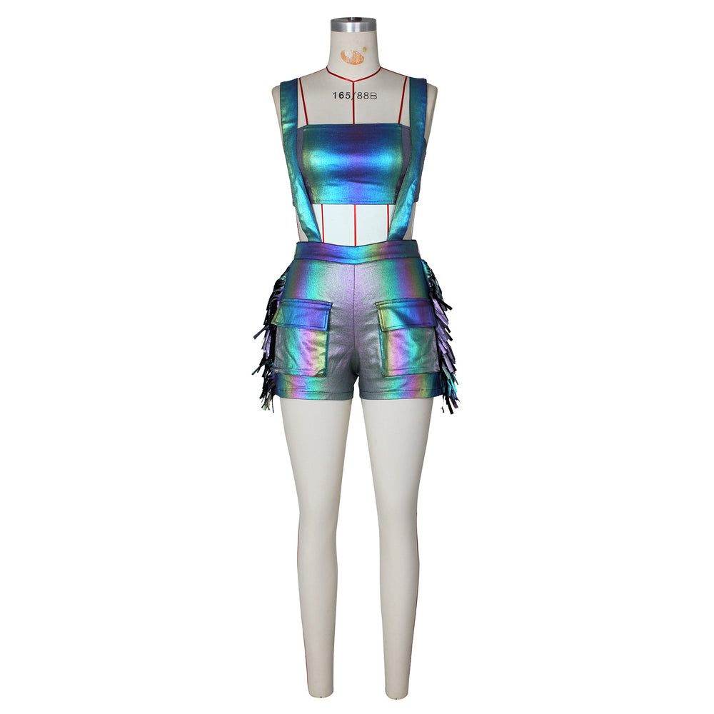 e-commerce source factory: european and american style sexy metallic bandeau top with tassel strap shorts fashion set