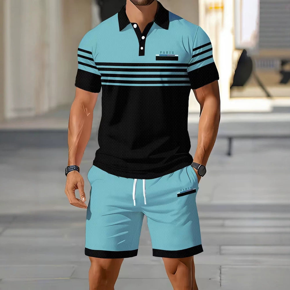 hot-selling men's polo shirt set, new summer two-piece casual short-sleeve and shorts set, dropshipping available