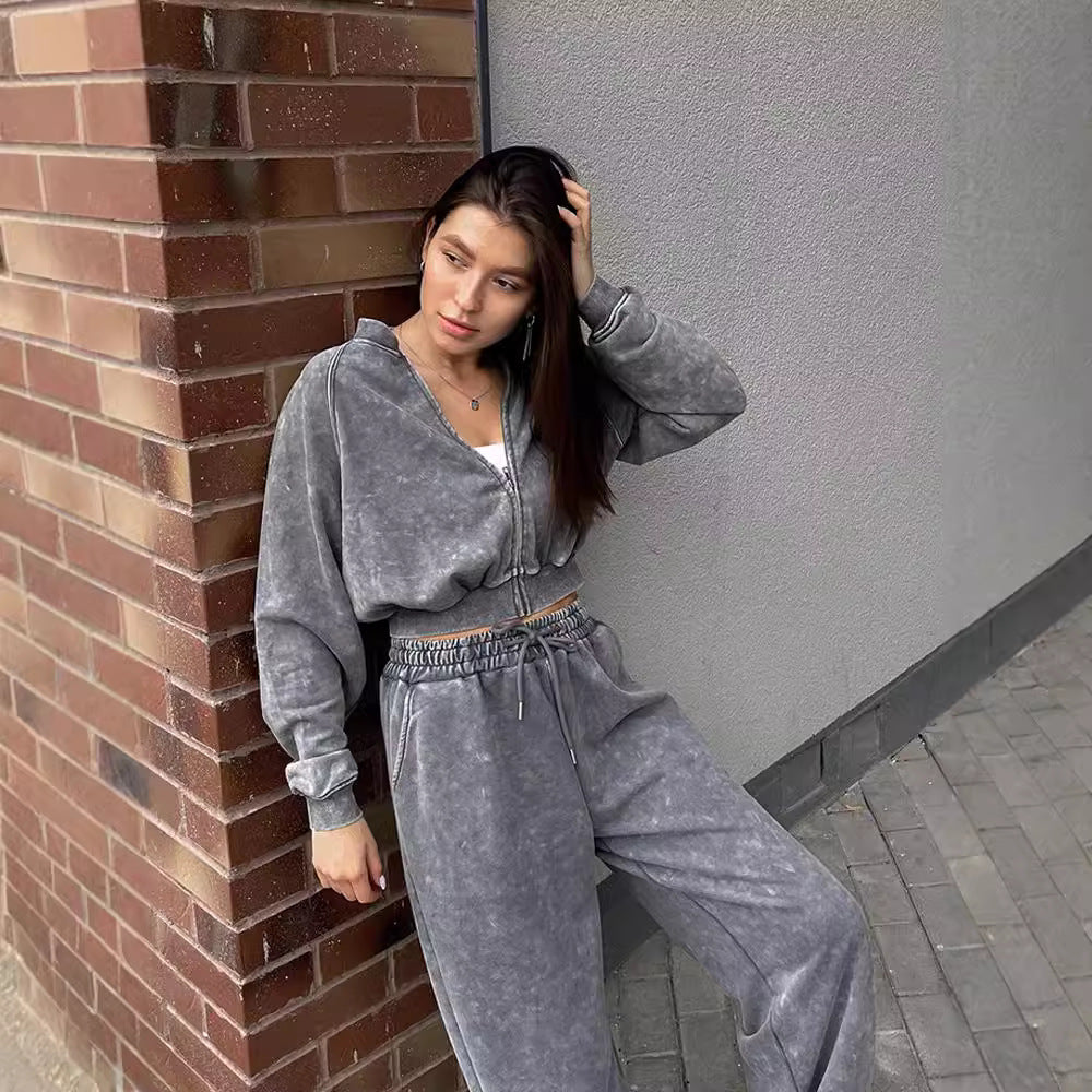 Europe and the United States  fashion women's clothing street navel long-sleeved sweater cardigan trousers set casual jacket lace-up trousers