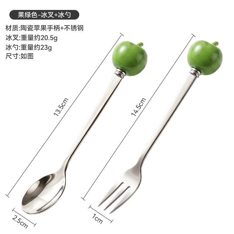 Colorful apple fork and spoon set - creative spoons with stainless steel and ceramic handles for fruit, coffee, cake, and desserts - wholesale