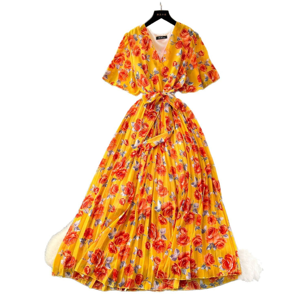 summer new arrival: women's high-end tie-waist v-neck flared sleeve slimming printed chiffon dress