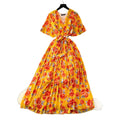 summer new arrival: women's high-end tie-waist v-neck flared sleeve slimming printed chiffon dress