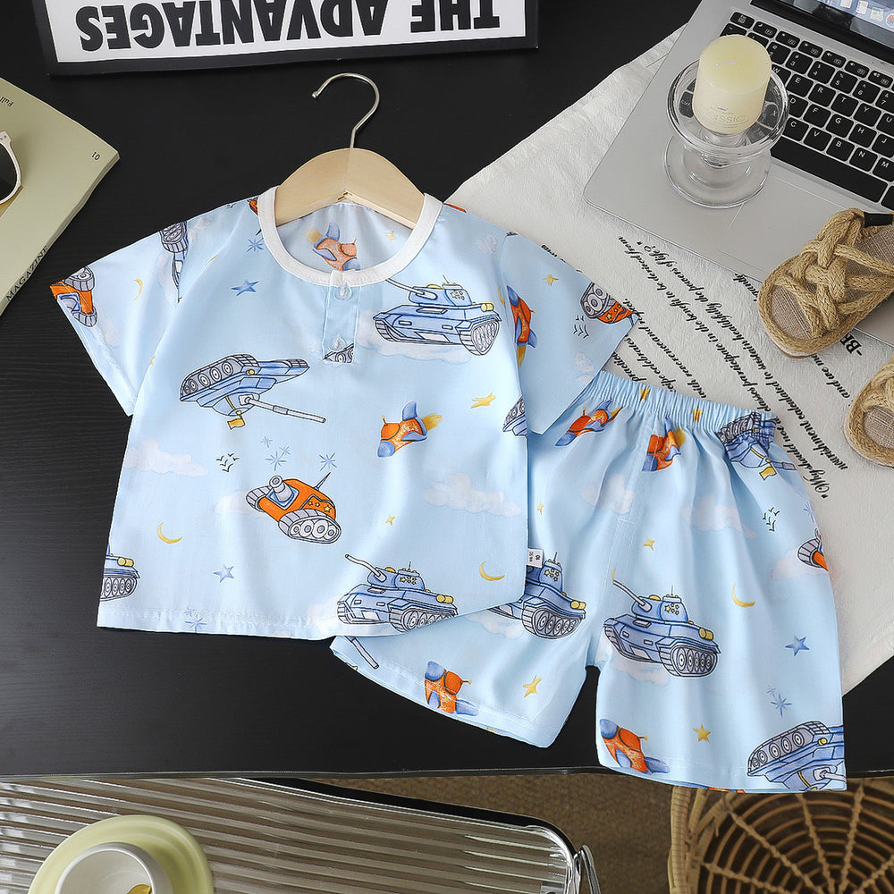 Summer children's cotton silk short-sleeve set: boys' loungewear, girls' cotton silk pajamas, baby air conditioning suit, wholesale children's clothing