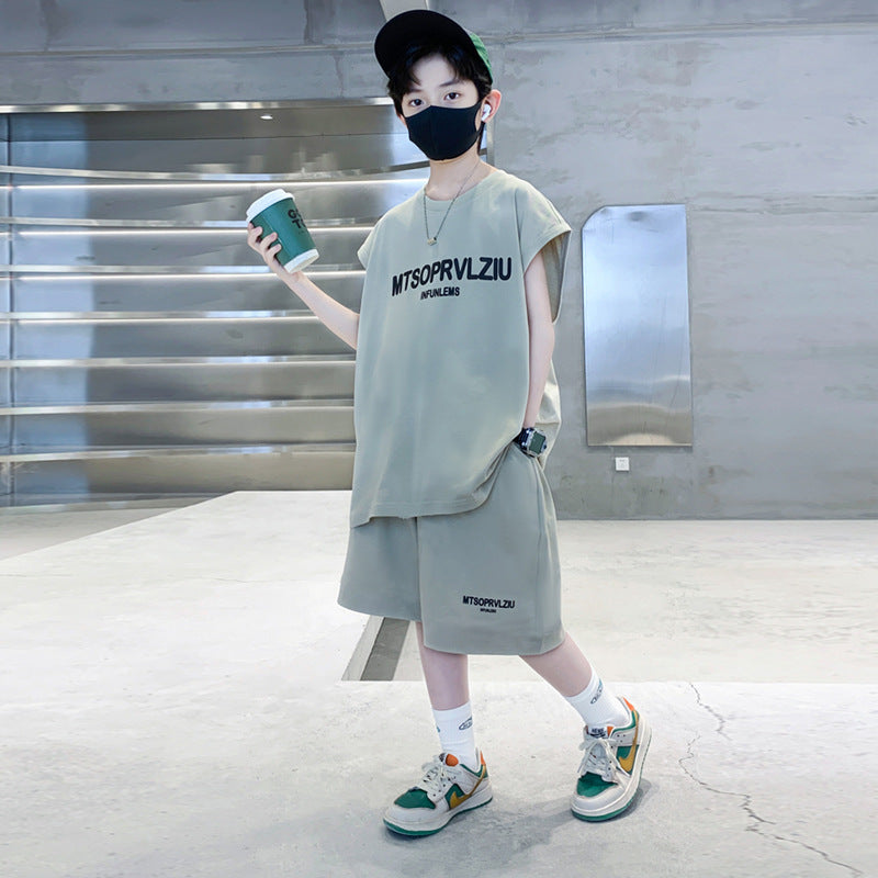 Boys' summer outfit  new style: sleeveless summer set for kids, stylish and trendy, mid-to-large size children's clothing, sportswear, handsome look