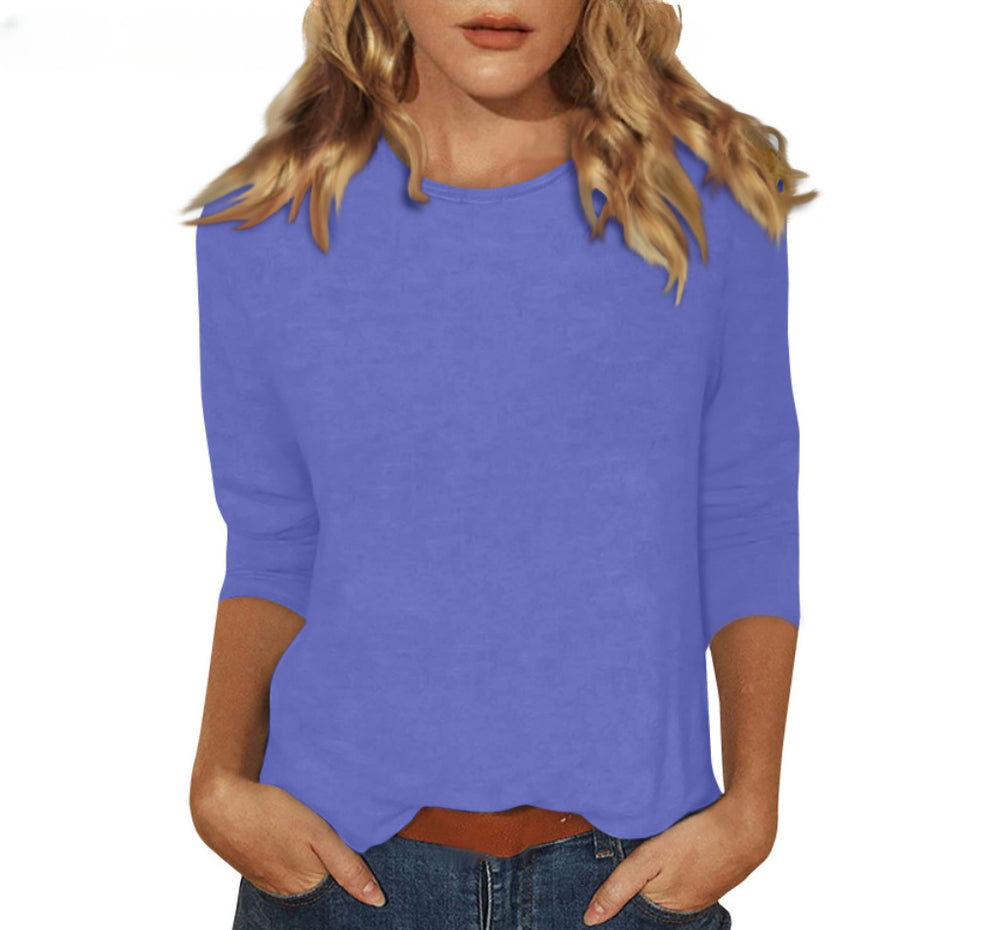 new women's crew neck t-shirt with 3/4 sleeves - solid color top for cross-border  sales