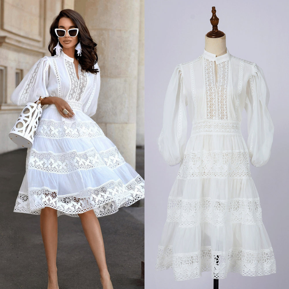 export solid color organza dress with semi-open collar, lantern sleeves, mid-sleeve, lace patchwork, and cinched waist mini dress