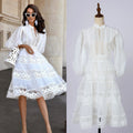 export solid color organza dress with semi-open collar, lantern sleeves, mid-sleeve, lace patchwork, and cinched waist mini dress