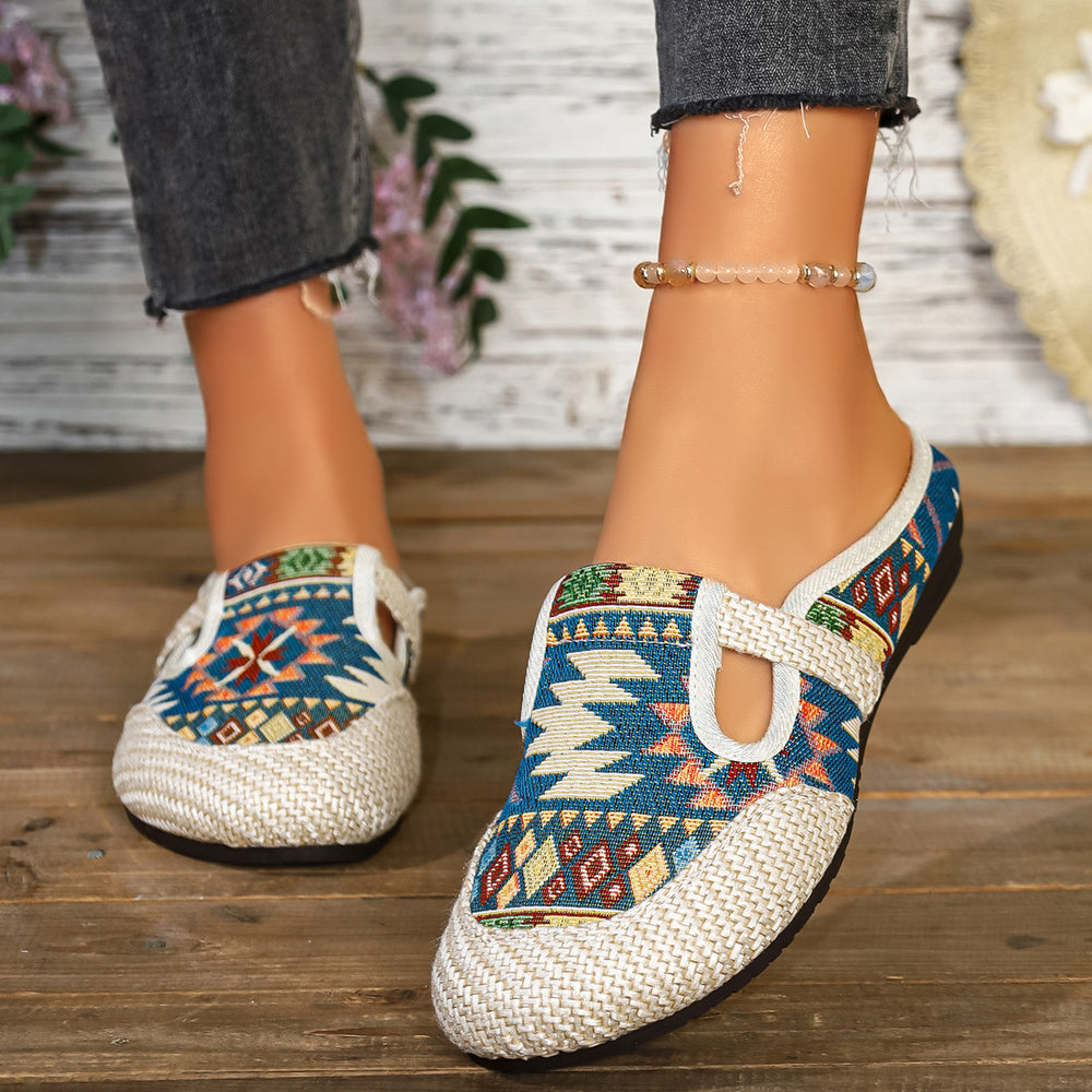 Export slip-on plus size ethnic style slip-on baotou flats slippers women's fashion round toe export flats shoes cross-border