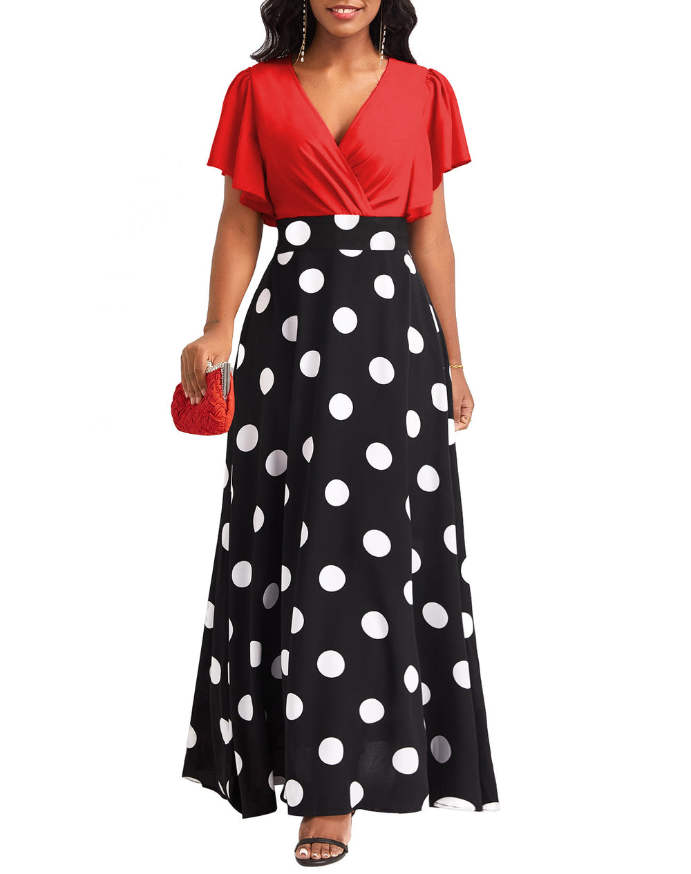 new european and american fashion women's dress - elegant polka dot print, flattering ruffle sleeves, flowy maxi dress