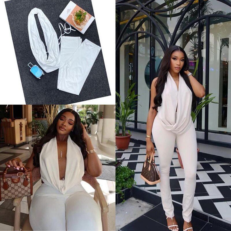 Fashionexportfashionhalter neck swing collarpure colorwork clothing pantssuitbacklesstie backtopstightpantstwo-piece set