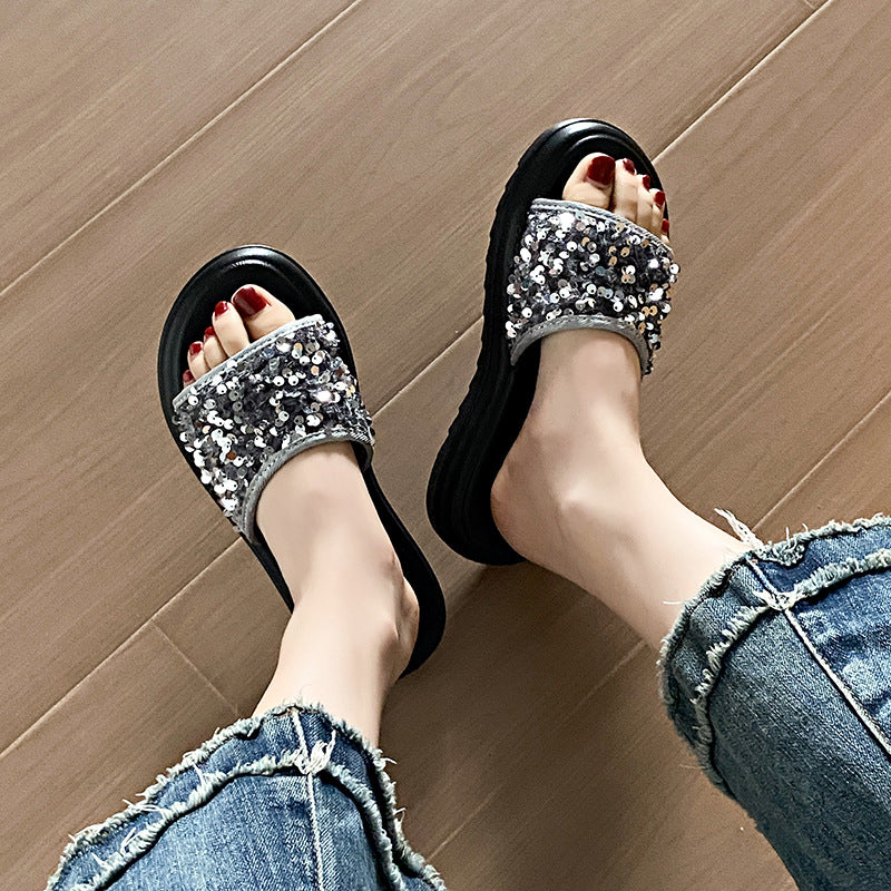 Thick sole sandals and slippers for women new arrivalsummeroutwearclassy sense exquisite sequinplatform shoes bottom women's slippers