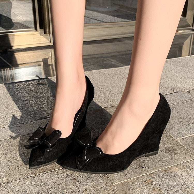 2025 spring/autumn new korean style bowknot platform wedge heel pointed toe flats for women