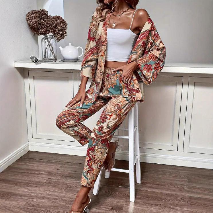 European and American   printed cardigan set women's long sleeves