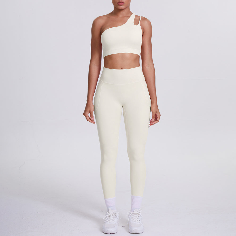 Cloud-feel one-shoulder backless sports bra set - high-waisted, butt-lifting, compression yoga outfit - quick-dry running & fitness set for women