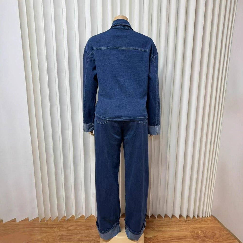 Fashion cross-border  direct sales new arrivalfashion women's lapel button retrolong sleevesworkwear denim pants cover
