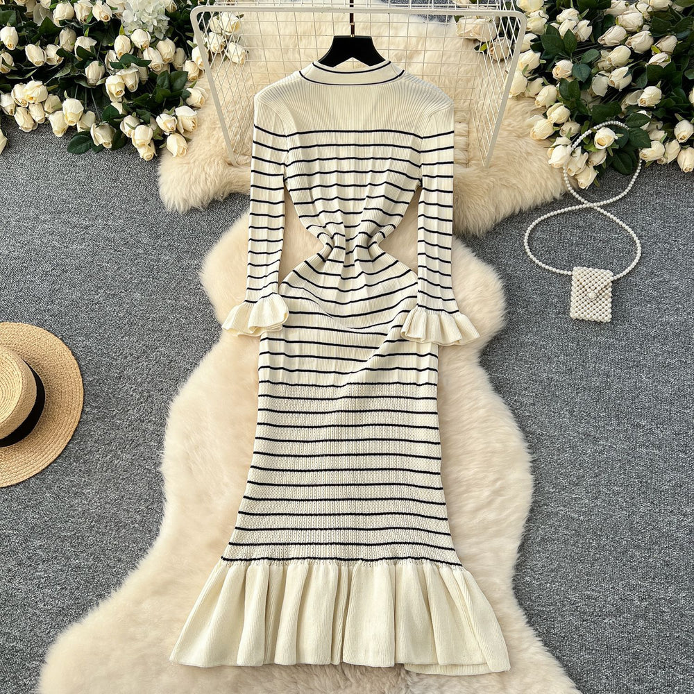 Elegant v-neck striped knit dress for women - perfect for cross-border e-commerce: autumn/winter, slim fit, ruffled hem, and stretchy