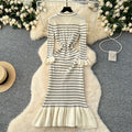 Elegant v-neck striped knit dress for women - perfect for cross-border e-commerce: autumn/winter, slim fit, ruffled hem, and stretchy