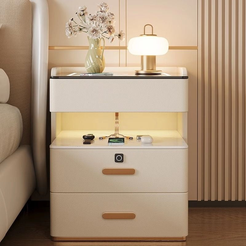 Solid wood smart light luxury bedside table - modern, high-end, home bedroom, minimalist, multifunctional, wireless charging & storage