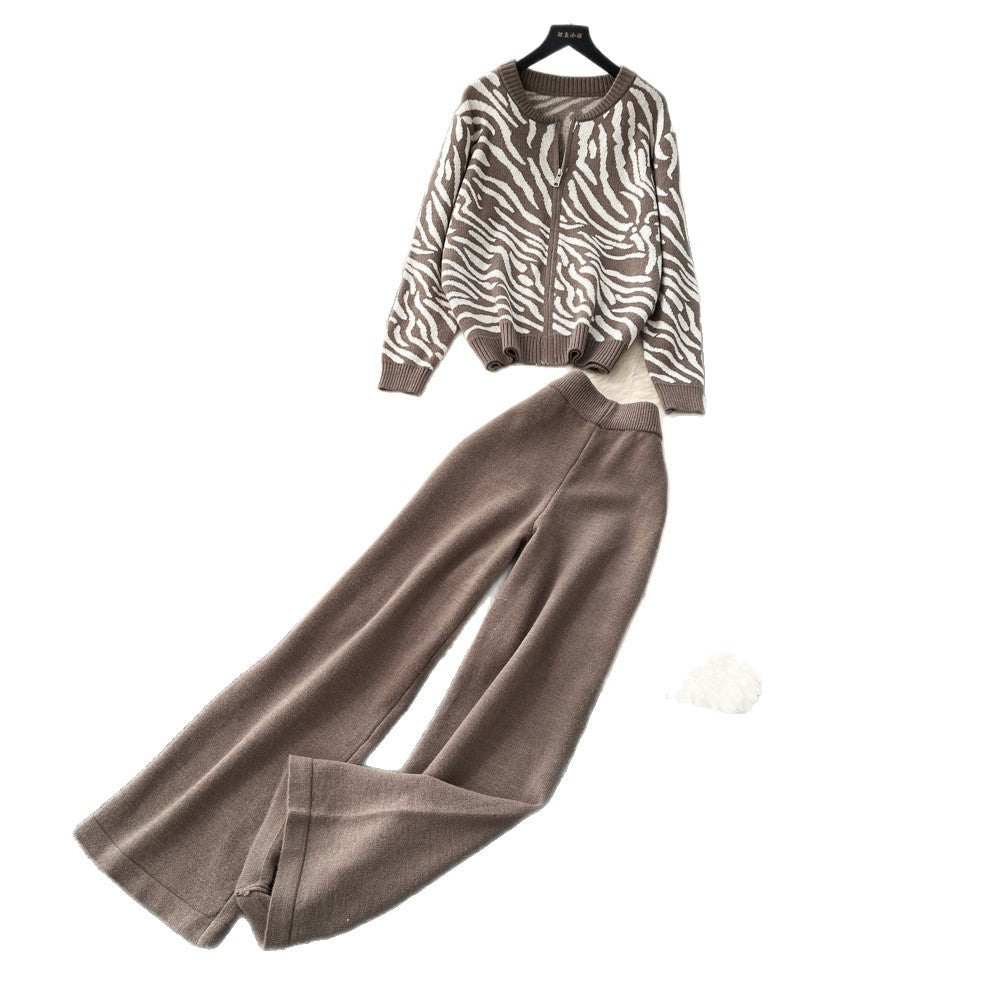European style fashion set for women - autumn loose casual versatile crew neck long sleeve printed knit top & high waist wide leg pants