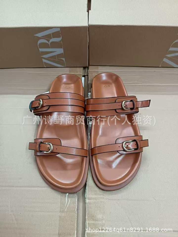 2024zaexportnew arrival women's shoes round toe one-piece buckle fashionflats shoes sandals home outwear