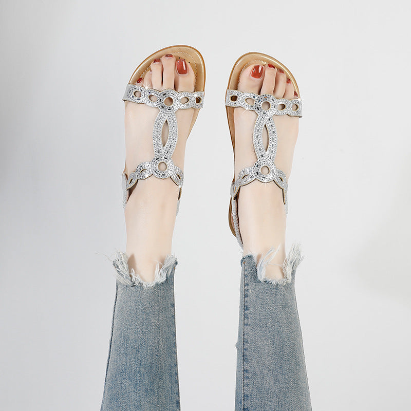 2025 summer new korean style fashionable breathable comfortable women's flat sandals, trendy rhinestone cross-border plus size sandals