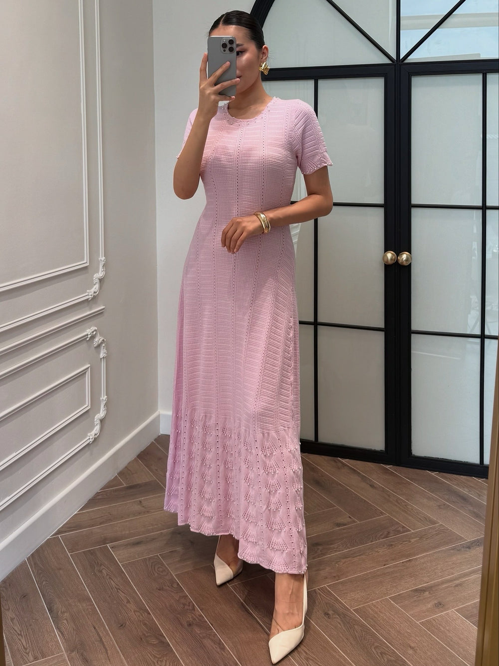 summer new arrival: elegant round neck beaded hollow-out slim-fit short sleeve knitted dress for women