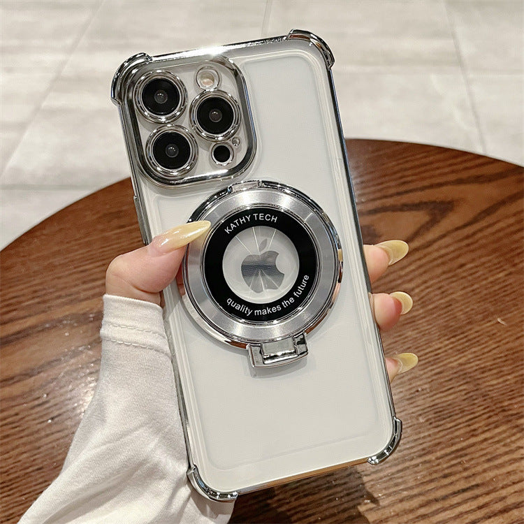 Four-corner anti-fall electroplating suitable for apple 16pro ring holder mobile phone case iphonexr/12 transparent protective cover