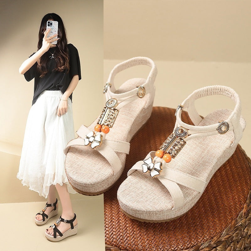 Women's beaded wedge sandals for export to europe and the us - new bohemian thick-soled platform roman sandals for summer