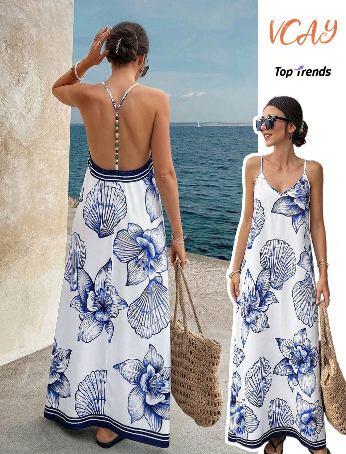 Amazon's new white bottom blue large flower suspender dress with beaded edge design, vest a-line long skirt