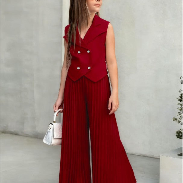 new european and american style girls' sleeveless blazer top + wide-leg pants set - european & american cross-border kids' outfit