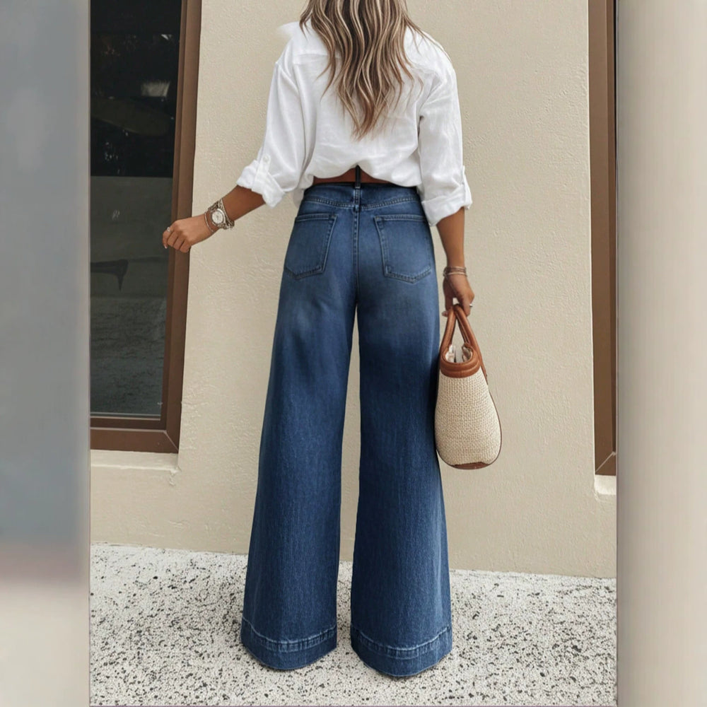 European and american style women's dark blue high-waisted wide-leg jeans - vintage washed, loose fit, flowy, floor-length flare pants