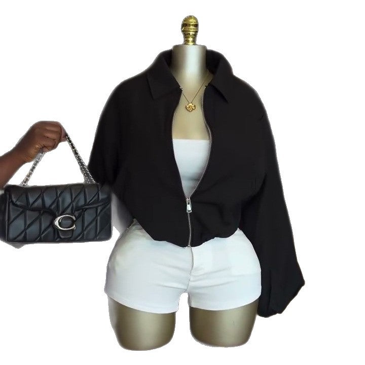 European and american cross-border women's fashion:  summer new arrivals - trendy, loose-fit, turn-down collar, versatile solid color cropped jacket/top